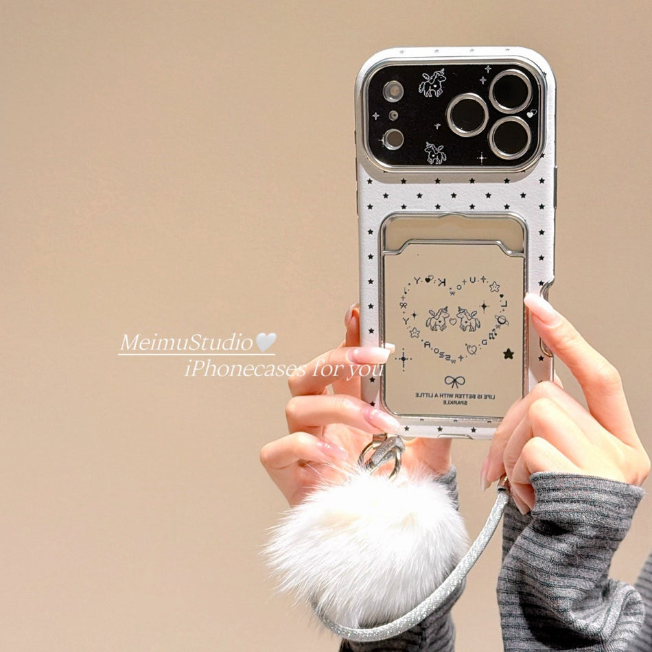 Love Pony Mirror Card Holder for iPhone 17 Phone Case Apple 16promax New 15 with Lanyard 17pro Leather 14 Creative Personality 16 Female 15pm All Inclusive