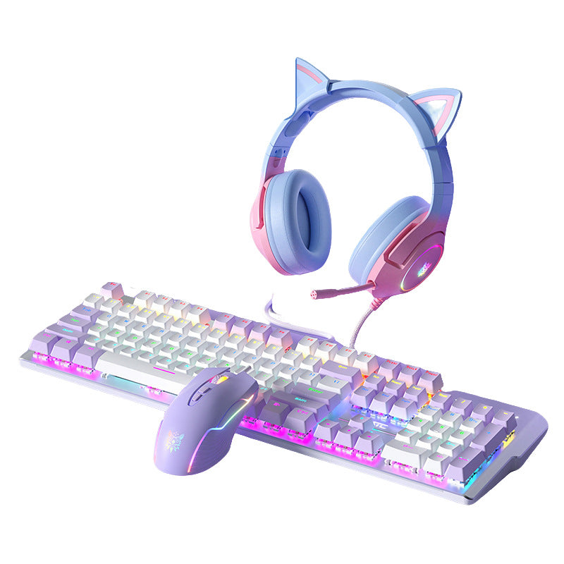Girls Purple Cat Ear Mechanical Keyboard Set
