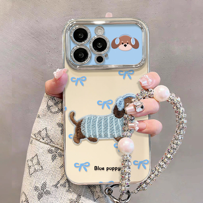 Embroidered Puppy Phone Case with Chain & Stand