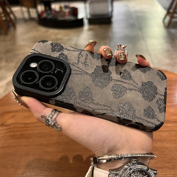 iPhone Suede Leather Black Rose Case 11 12 14 16 Pro Max