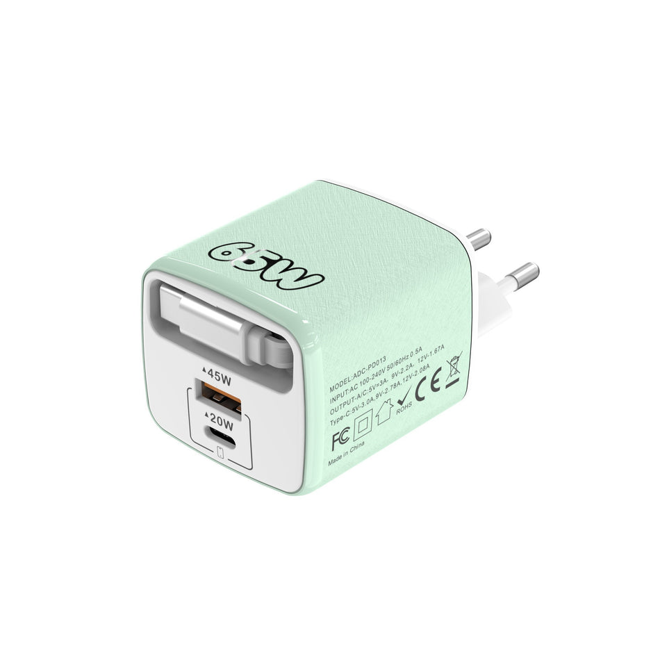 Multi-Port Fast Charging Adapter with Retractable Cable EU UK Plug