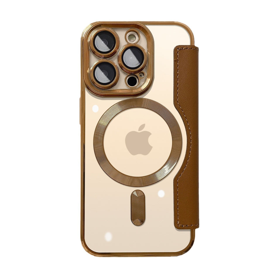 Electroplated Gold Shield Magnetic Leather Phone Case for iPhone Series