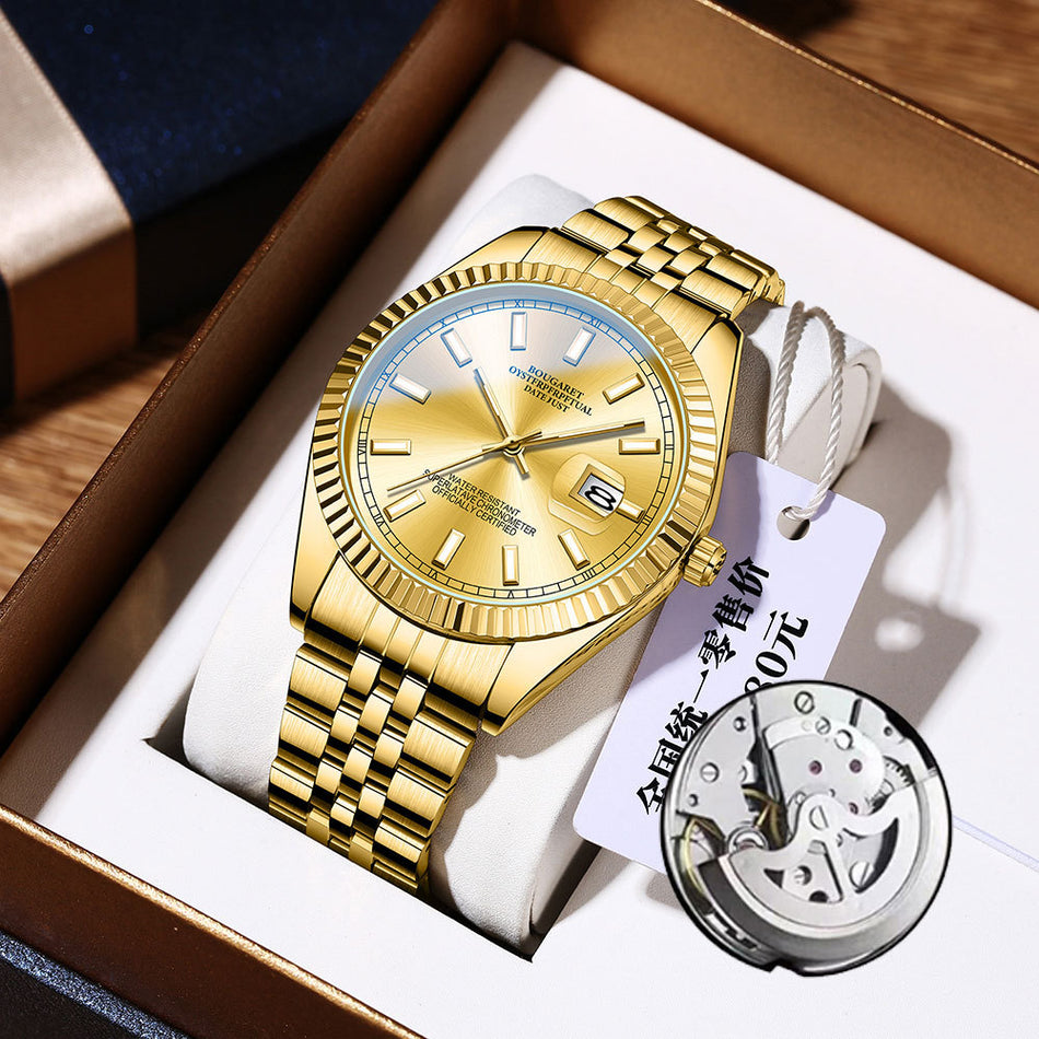 Men’s Quartz Steel Watch Luminous Calendar Gold Dial