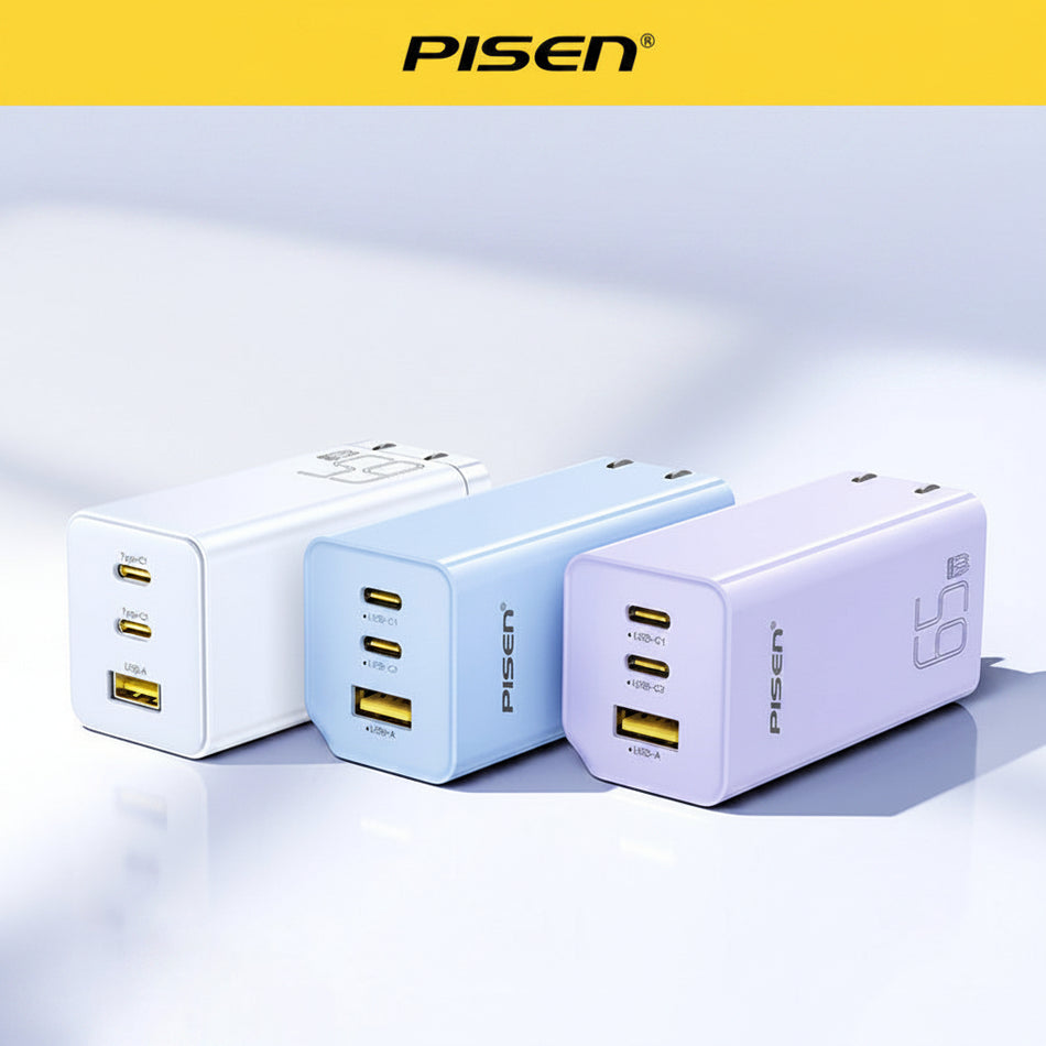 Pisen 65W GaN Fast Charger Multi-Port USB PD Adapter for Laptop & Phone