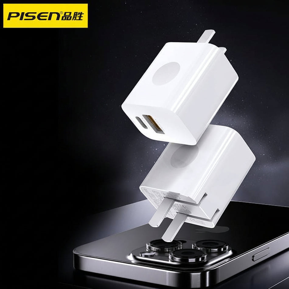 Pisen PD 20W Fast Charging Adapter Dual-Port USB Type-C Charger for Apple & Android