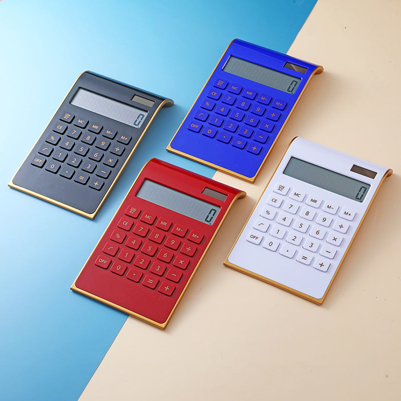 Ultra-Thin Dual-Power Calculator – Gold-Trim Desktop Calculator for School & Office