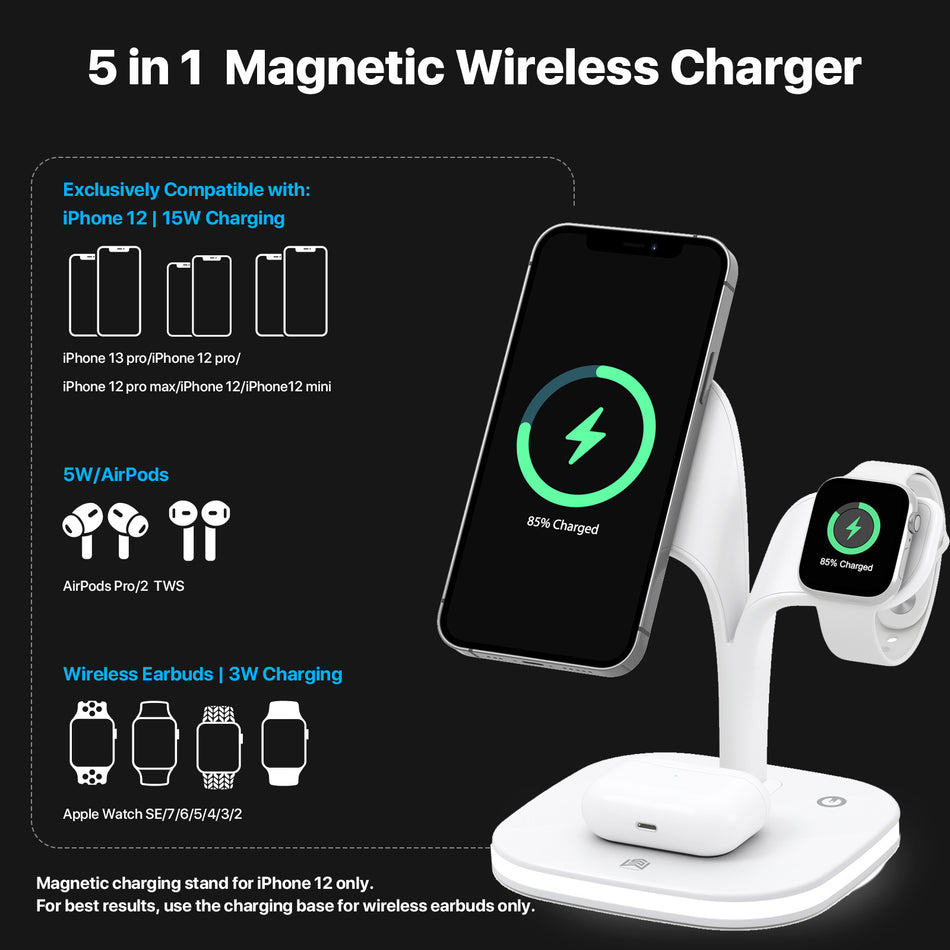 5-in-1 Magnetic Wireless Charging Station with Night Light – 15W Fast Charging Stand for Apple Devices