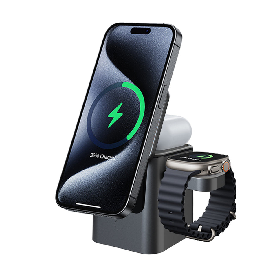Electric Rotating 3-in-1 Magnetic Wireless Charging Stand – Foldable 15W Fast Charger with Auto Rotation