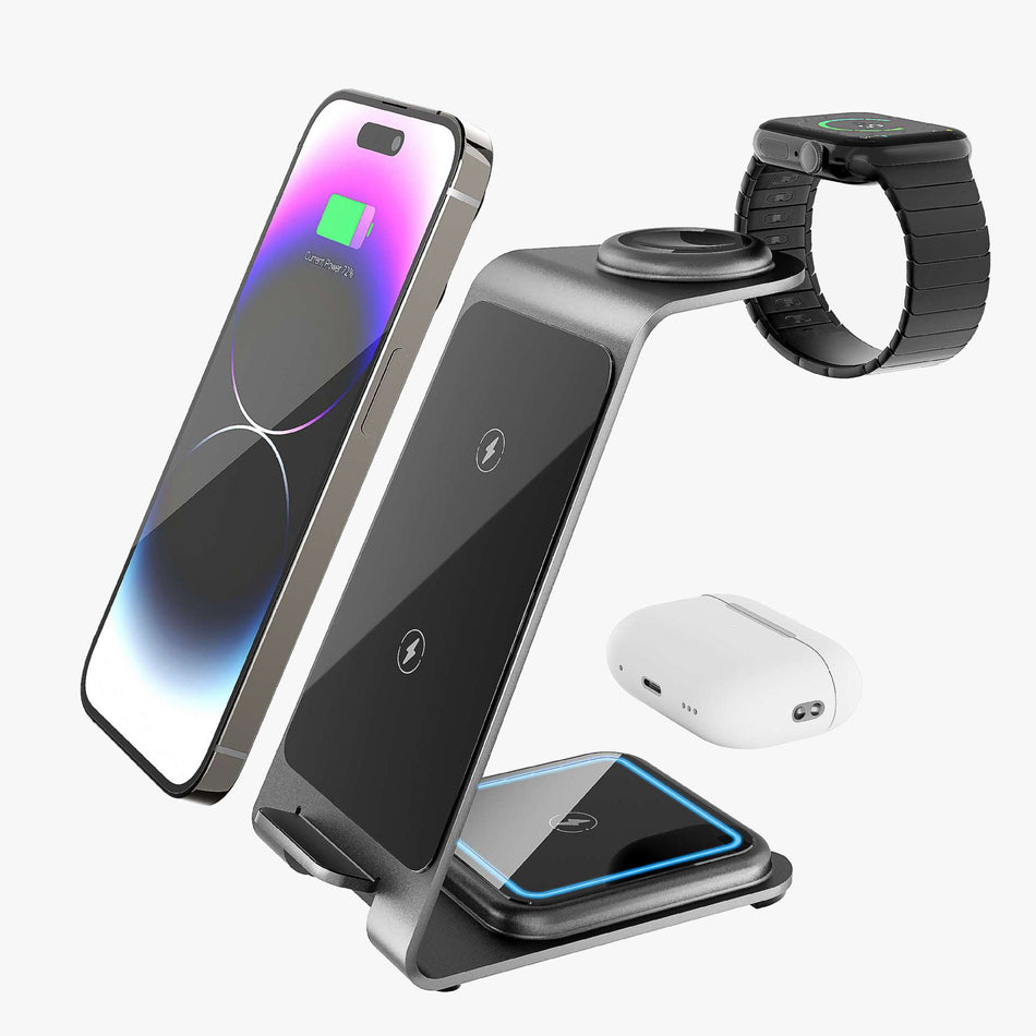3-in-1 Wireless Charging Stand – 15W Fast Charger for Samsung & Apple Phones, Smartwatches & Earbuds