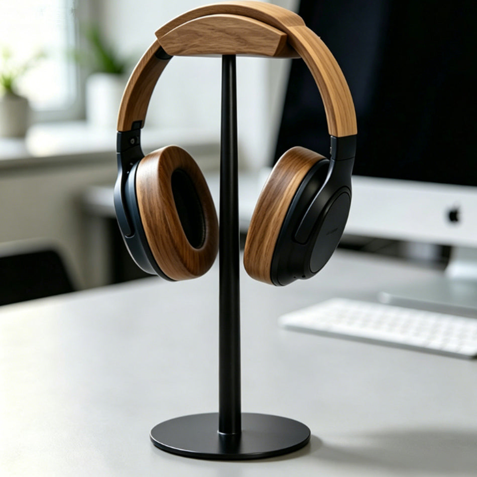 Solid Wood Headphone Stand – Premium Desktop Headset Holder with Metal Base