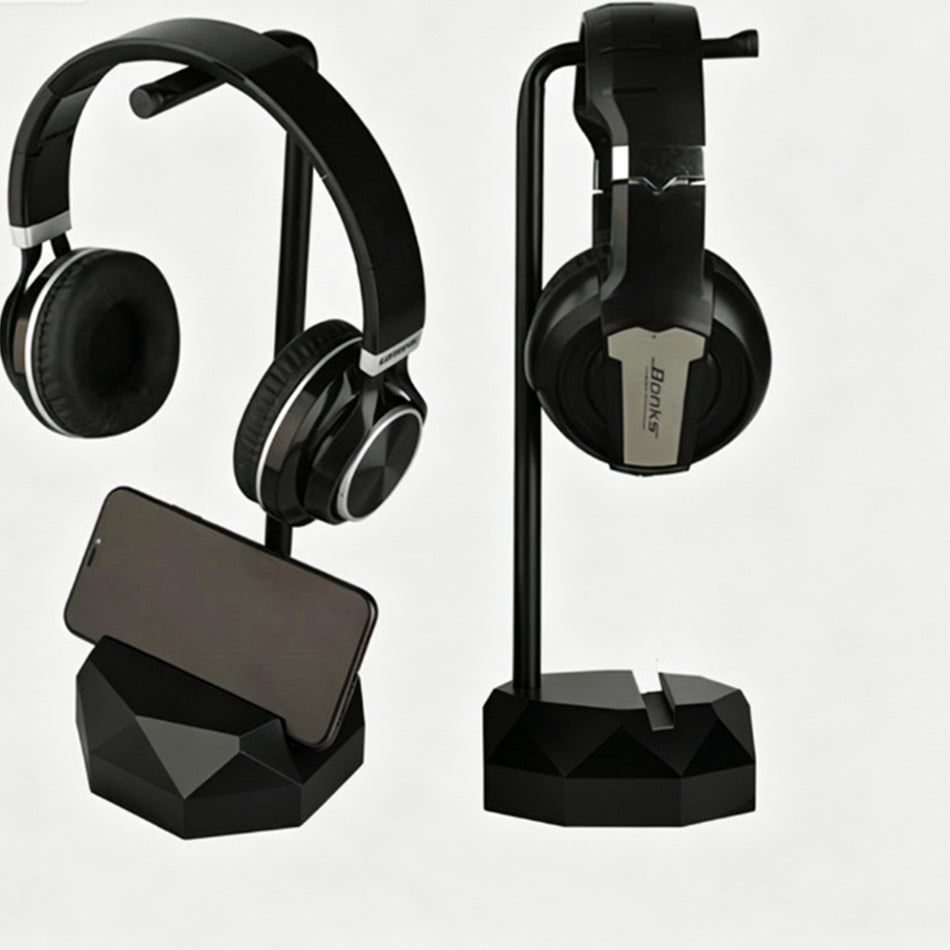 Black Metal & Solid Wood Headphone Stand – Desktop Headset Holder with Phone Base