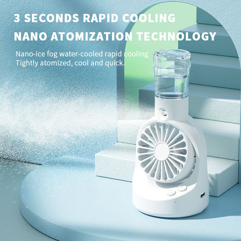 Rechargeable Handheld Spray Fan – USB Portable Cooling Fan with Mist, Oscillation & 4-Speed Airflow