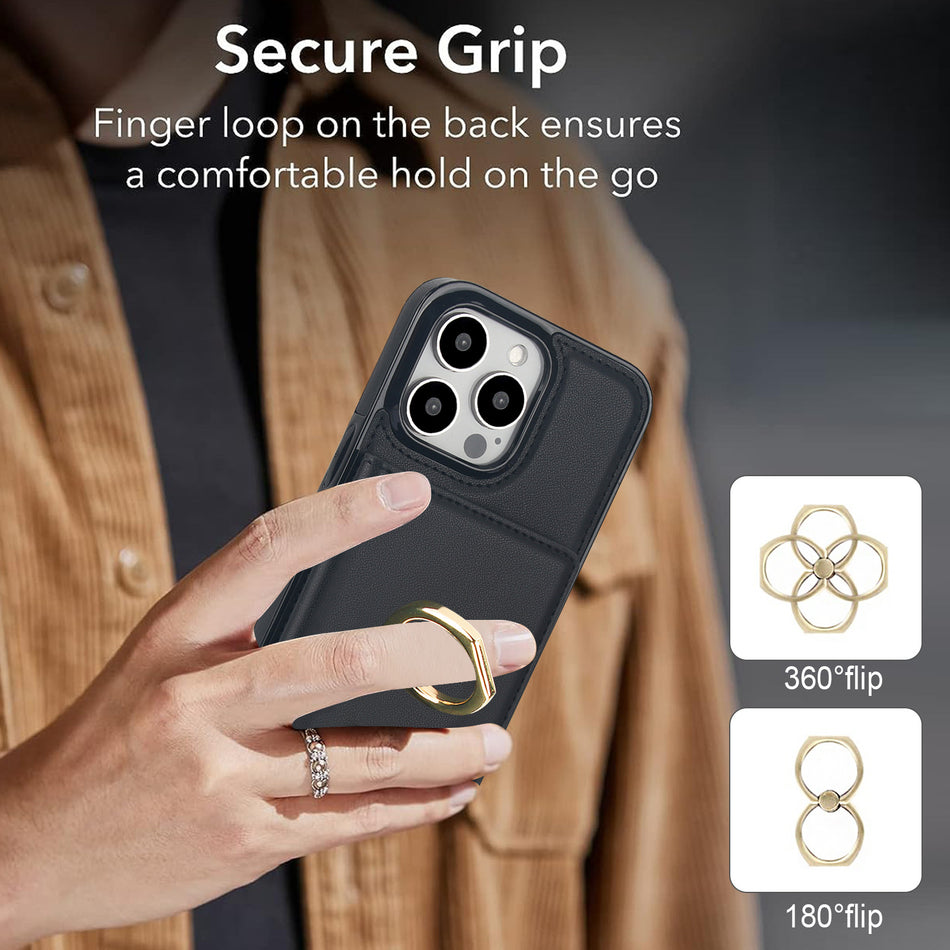 RFID Blocking Leather Wallet Phone Case with Ring Holder
