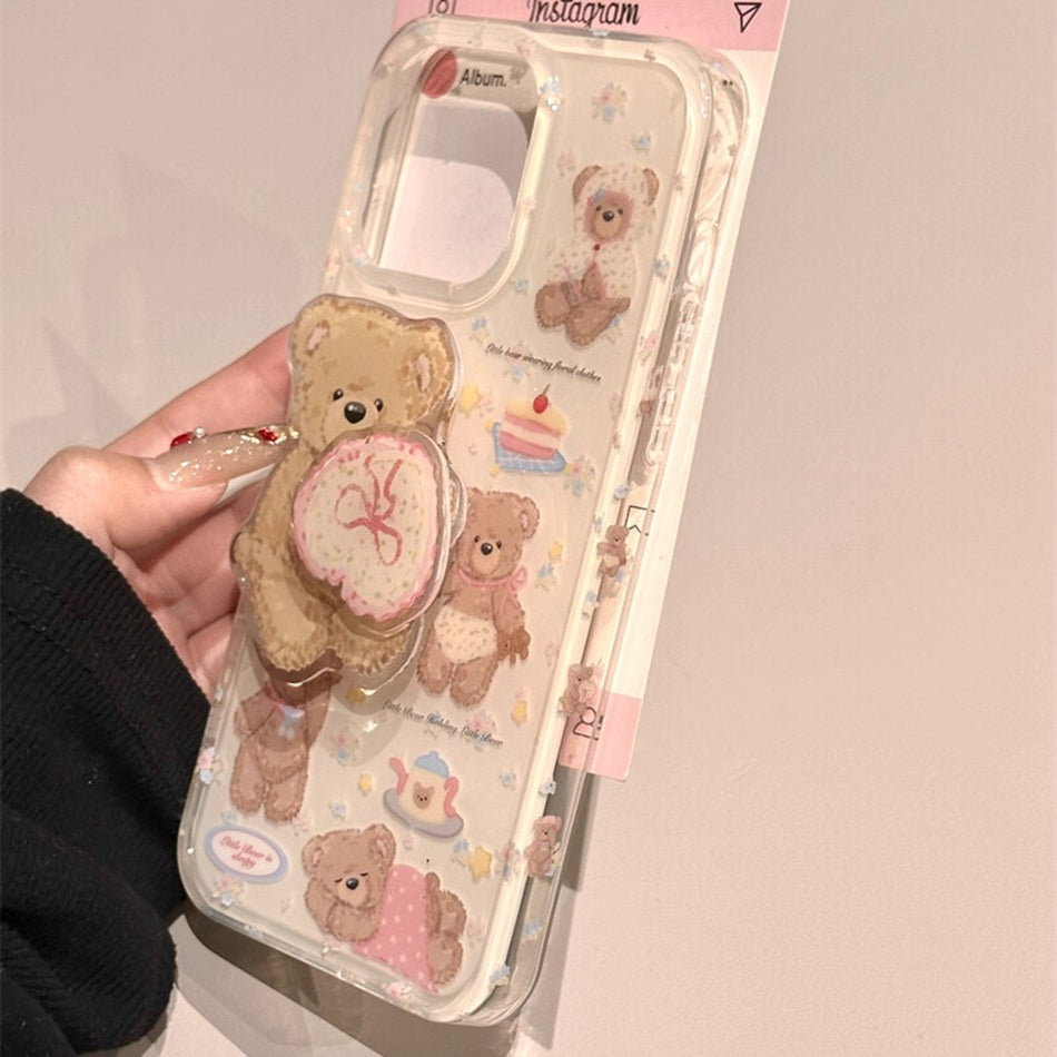 Korean Style Floral Five Bear Plush Stand Case for iPhone 17
