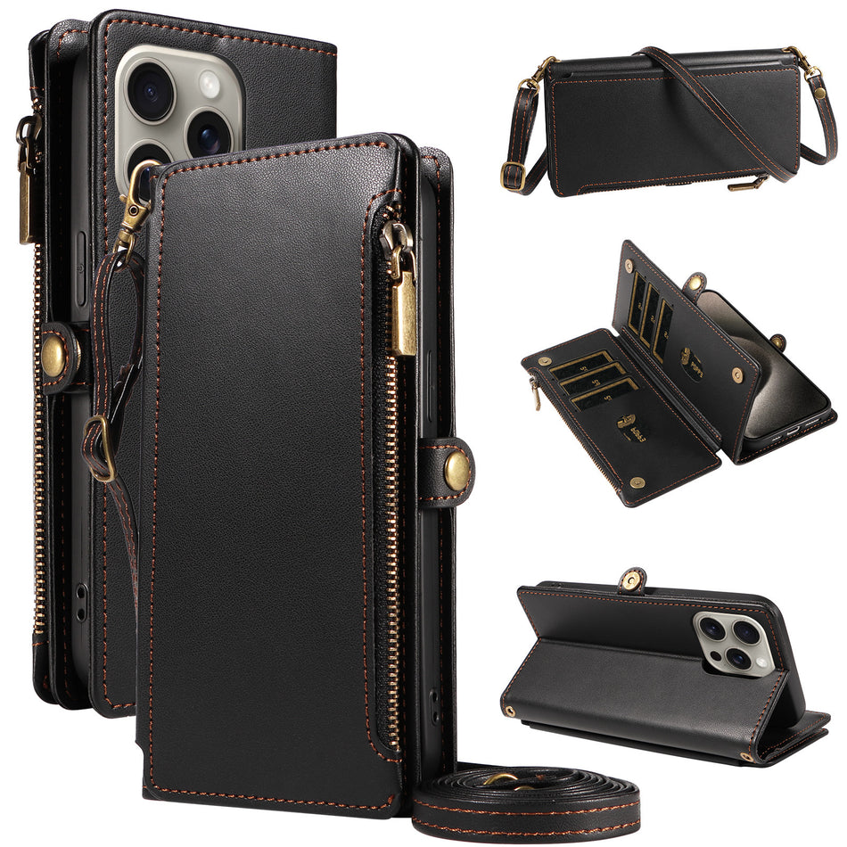 iPhone 17 Pro Max Leather Wallet Case with Zipper Closure