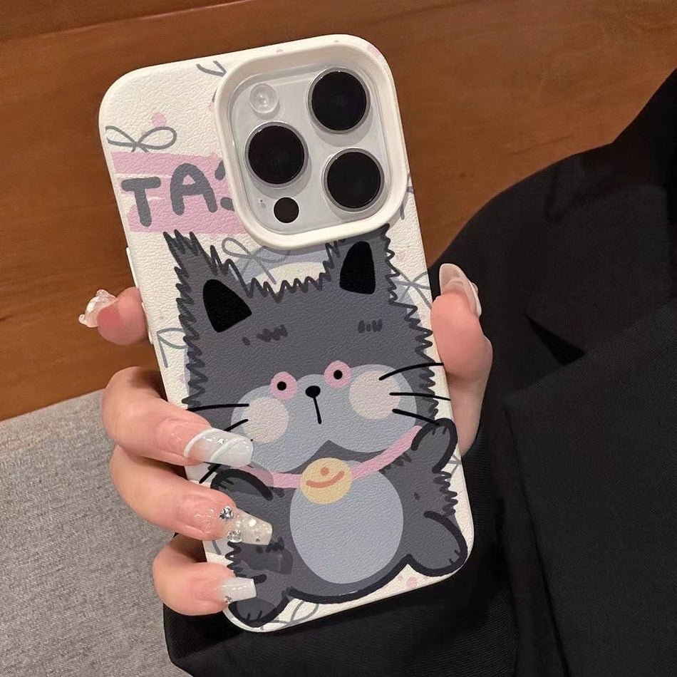 Cute Cartoon Cat Leather Texture iPhone Case
