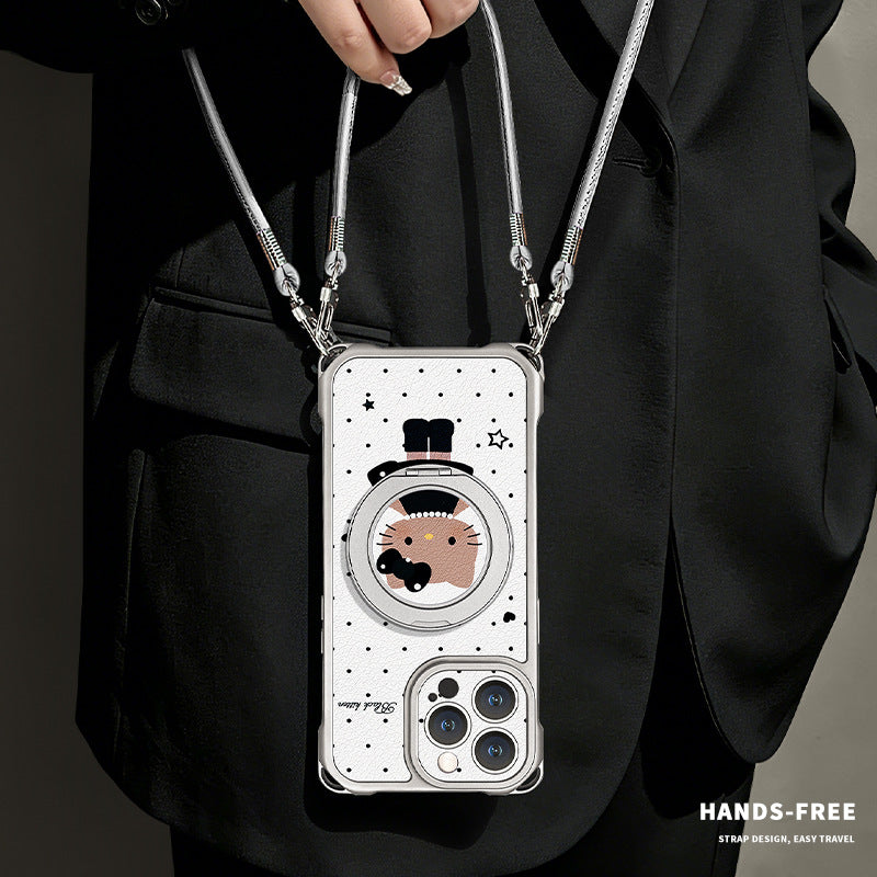Polka Dot Cat Crossbody Stand Lanyard iPhone Case