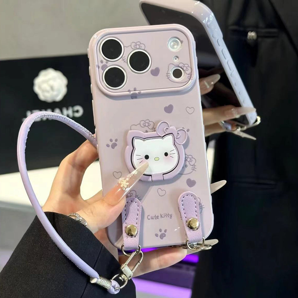 Taro Purple Cat Stand Lanyard Silicone iPhone Case
