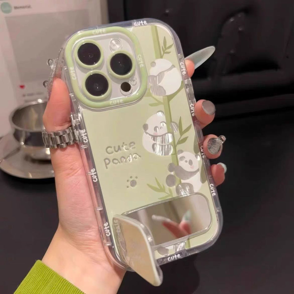 Cute Panda Mirror Bracket Feather Yarn iPhone Case