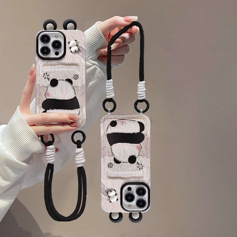 Panda Doll iPhone Case with Card Bag Lanyard Silicone Design