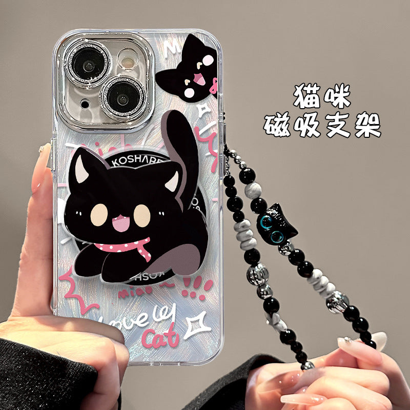 Cute Cat Magnetic Bracket iPhone Case with Bracelet Design
