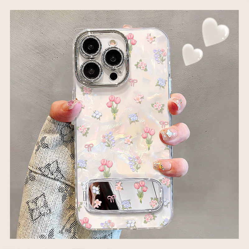 Tulip Mirror Stand iPhone Case with Fresh Floral Pattern Design