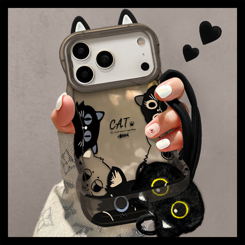 Black Cat Ear Lanyard iPhone Case with Dual Bracket