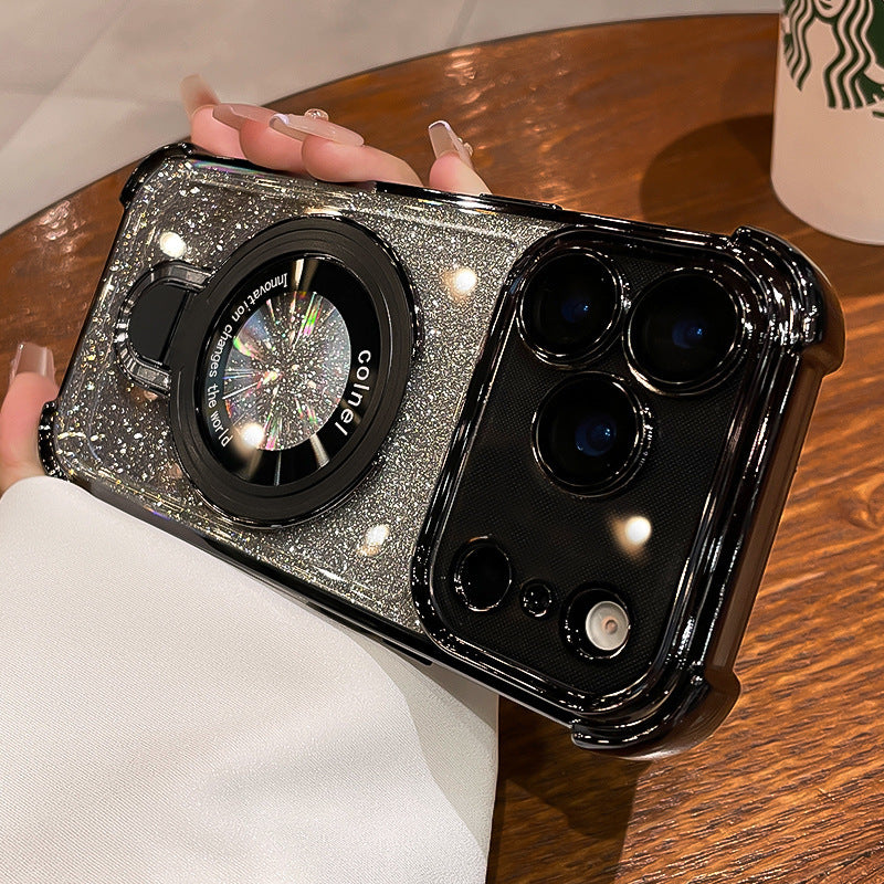 Electroplated TPU iPhone Case with Magnetic Stand and Glitter