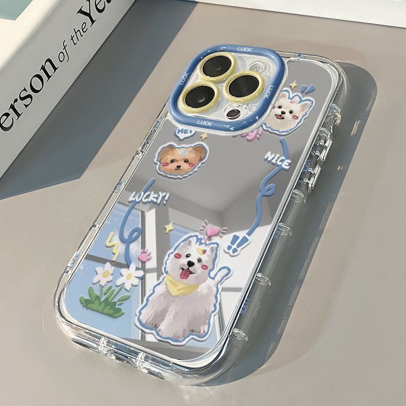 Cute Puppy Makeup Mirror Phone Case with Anti-Drop Design