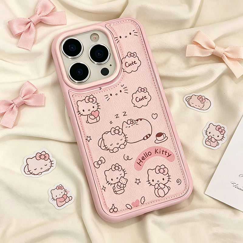 Cartoon Kitty Leather Raised Phone Case for Apple