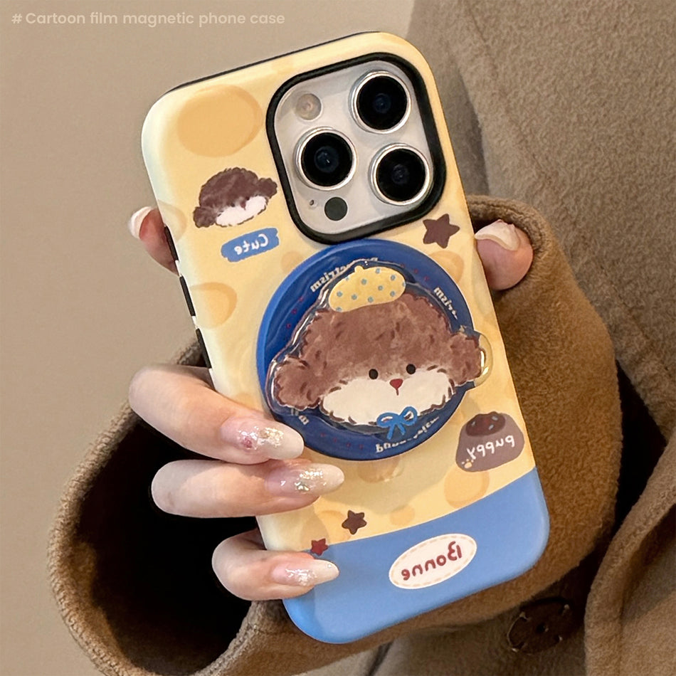 Cartoon Puppy Magnetic iPhone Case with Stand, Hard Protective Cover