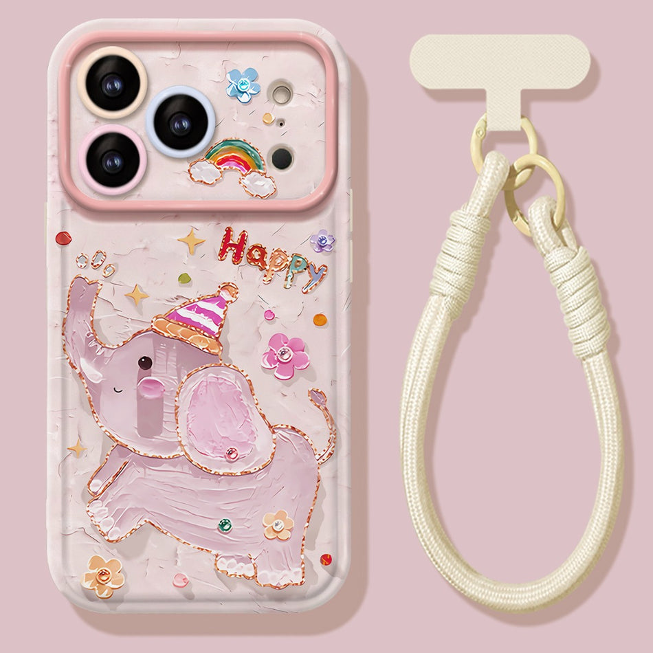 Oil Painting Elephant Lanyard Silicone Case for iPhone
