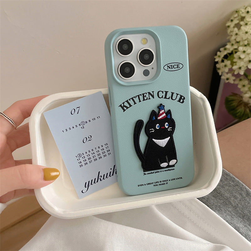 Blue Leather-Pattern Embroidered Black Cat Soft Case for iPhone 15 Pro Max