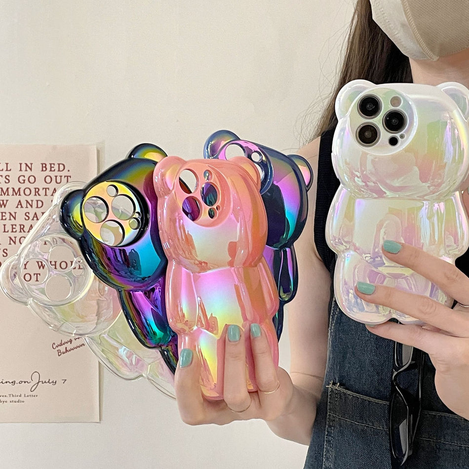 3D Laser Bear Personality Case for iPhone 13 to 16 Pro Max