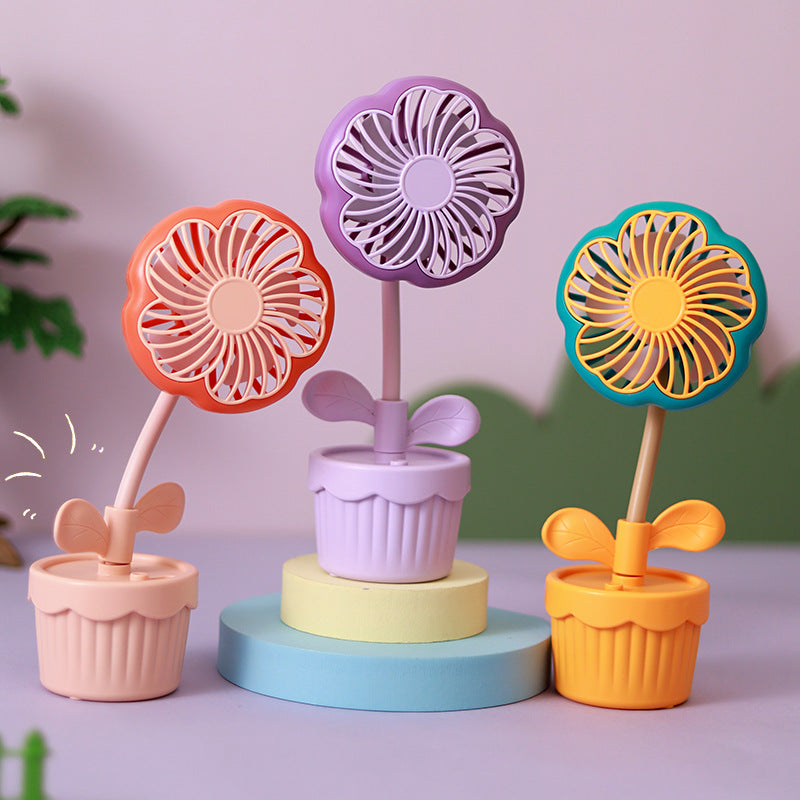 Cartoon Flower USB Mini Fan – Folding Rechargeable for Dorms