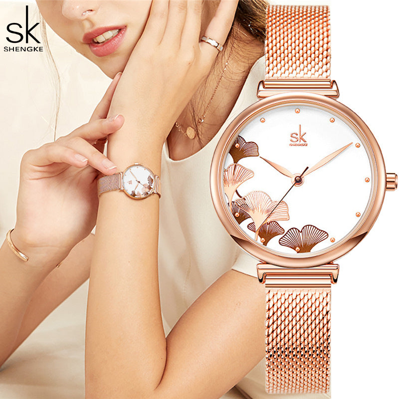 Women’s Ginkgo Leaf Quartz Watch – Steel Mesh Waterproof