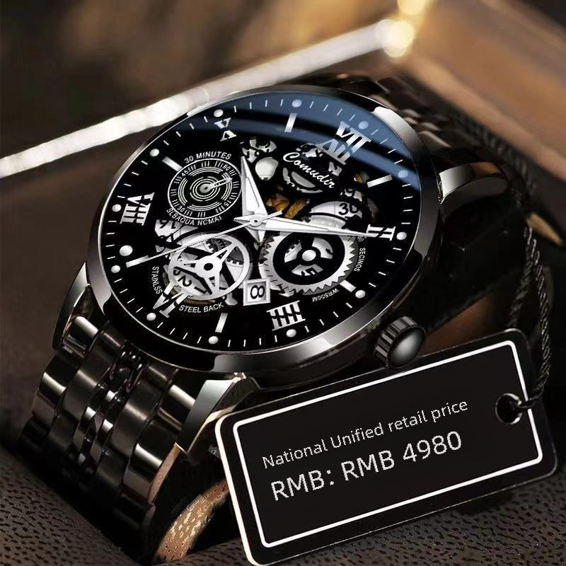 Men’s Hollow Calendar Watch – Luminous & Waterproof