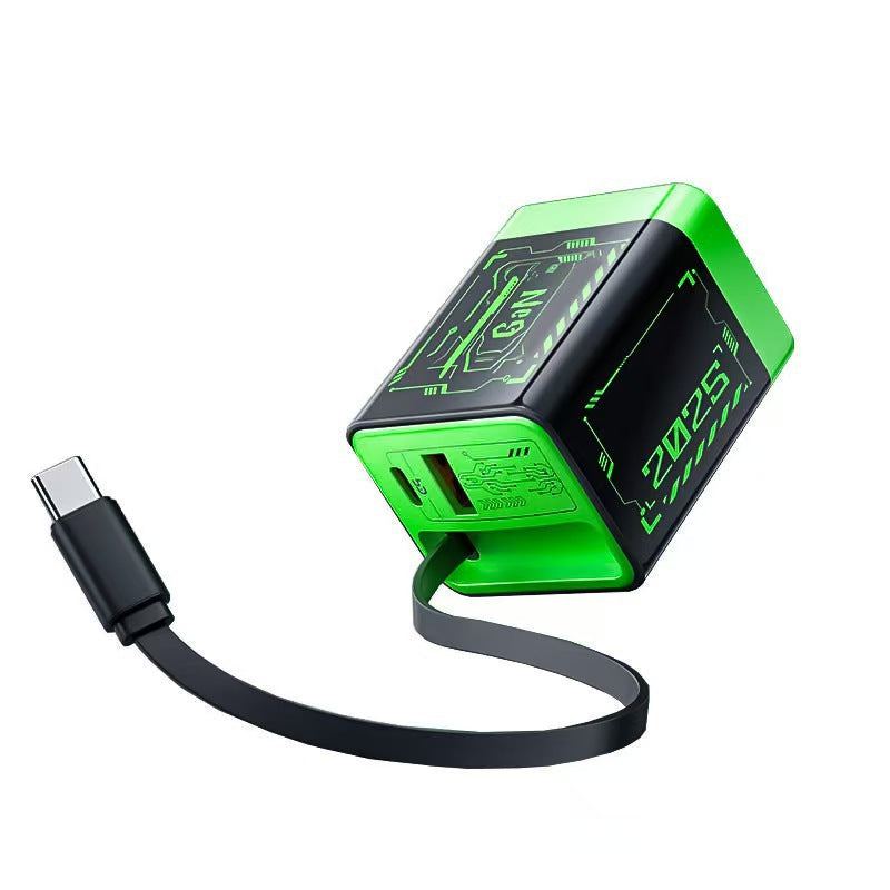 67W GaN Dual-Port Charger with Retractable Cable for Apple & Huawei