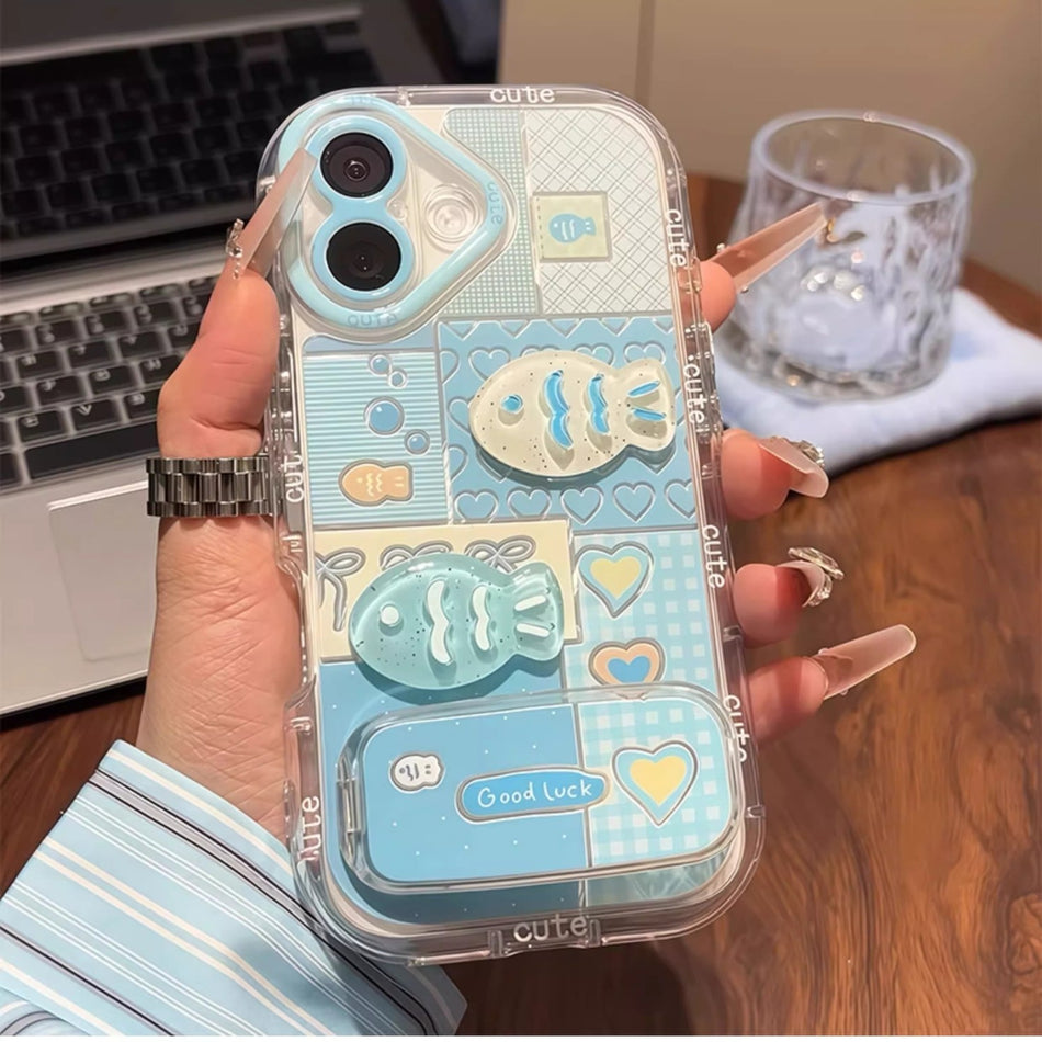Blue Grids Fish Feather Yarn Case for iPhone